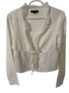 Tara Jarmon Cream Linen Blend Ruffle Tie-Front Top Size 44